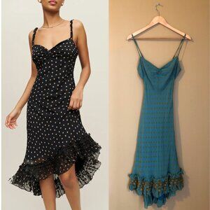 Betsey Johnson vintage 1990s y2k blue green bias cut silk lace slip dress